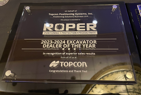 roper-laser-topcon-plaque image Roper 2023-2024 Excavator Dealer of the Year plaque